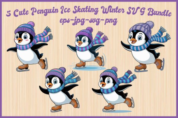 Adorable 5 Cute Penguin Ice Skating Winter Set Graphics